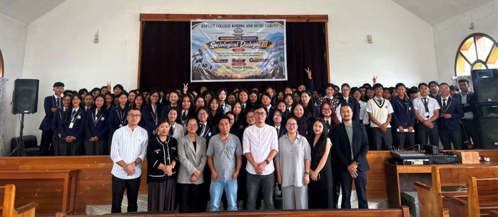 Asenlo Khing with faculty members and students during the 3rd Sociological Dialogue held at Rivenburg Chapel Hall, Baptist College, Kohima on September 5.